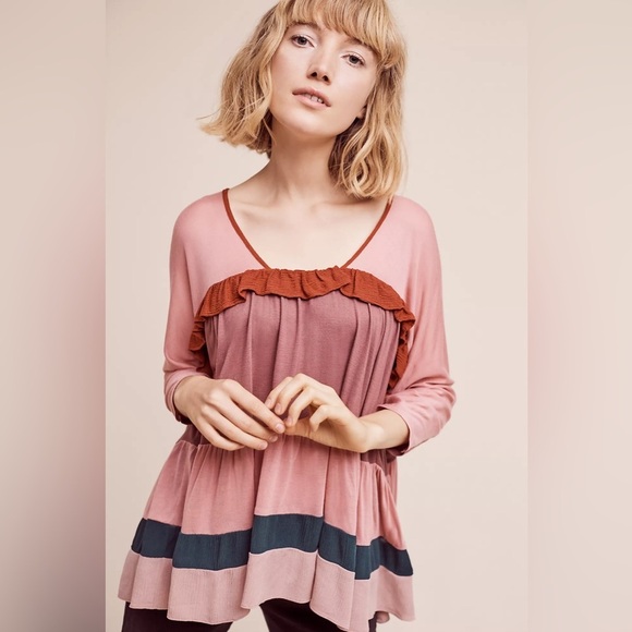 Meadow Rue Anthropologie Mina Colour Block Ruffle Top, Pink-***READ*** - Picture 1 of 9